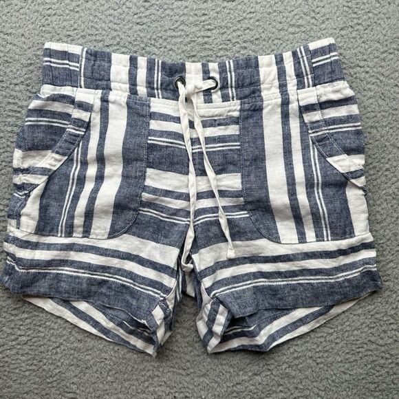 Athleta Blue White Linen Striped Elastic Waist Pockets Shorts Sz 4 - Picture 1 of 6